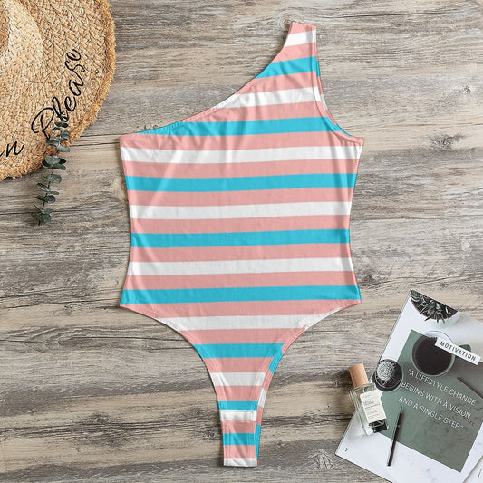 Pride Candy Stripe Ribbon One-Shoulder Bodysuit
