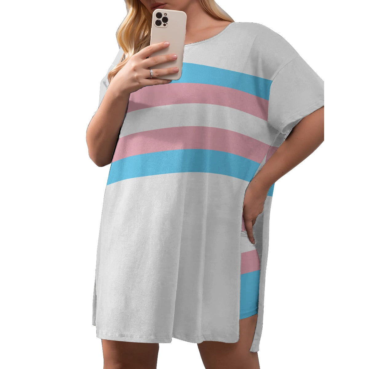Plus Size Blue Pink White Pride Drop-Sleeve Split-Sided T-Shirt and Shorts Set
