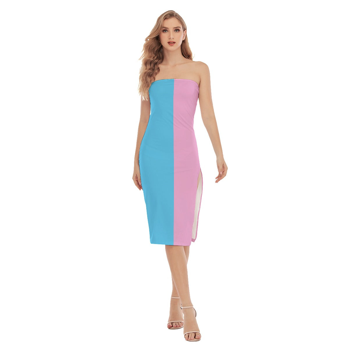 Blue Pink White Vive l'Paris Pride Sexy Body Hugging Side-Split Tube Top Dress