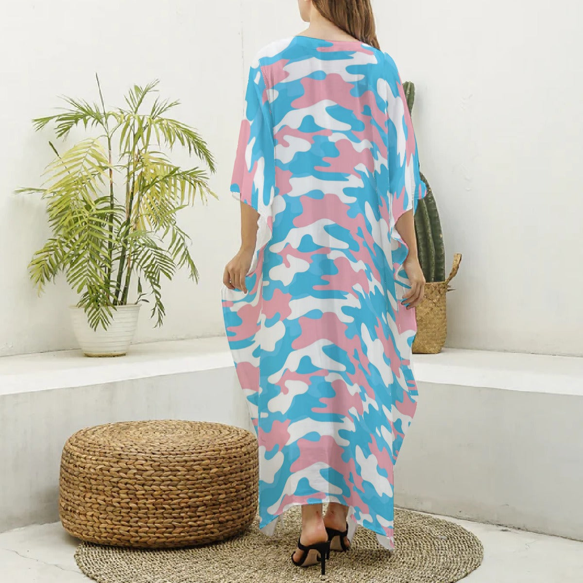 Trans Coloured Pride Camouflage Imitation Silk V-Neck Kaftan Robe