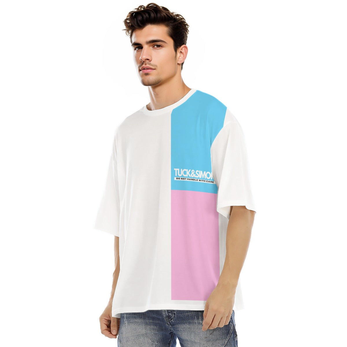S-2XL Tuck&Simon 'Don't Handle With Care' Blue Pink White Pride Raglan Casual T-Shirt