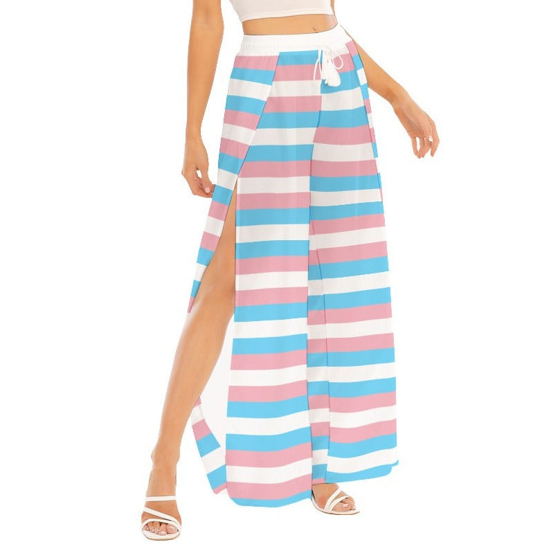 Trans Coloured Trans Pride Candy Striped Mid-Split Chiffon Beach Palazzo