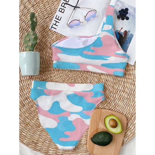 Blue Pink White All Over Camouflage, Single-Shoulder Bikini