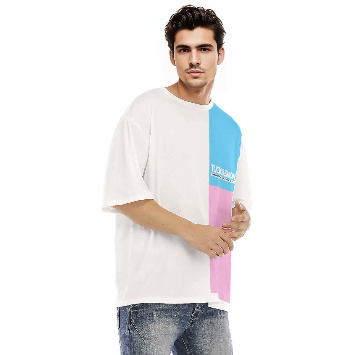 S-2XL Tuck&Simon 'Don't Handle With Care' Blue Pink White Pride Raglan Casual T-Shirt