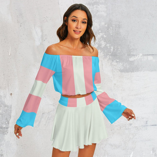 Blue Pink White All Over Pride Off-Shoulder Top & Skater Skirt Set tunnellsCo.