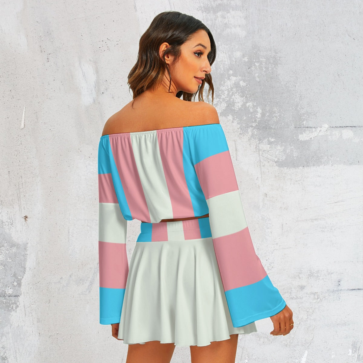 Blue Pink White All Over Pride Off-Shoulder Top & Skater Skirt Set tunnellsCo.
