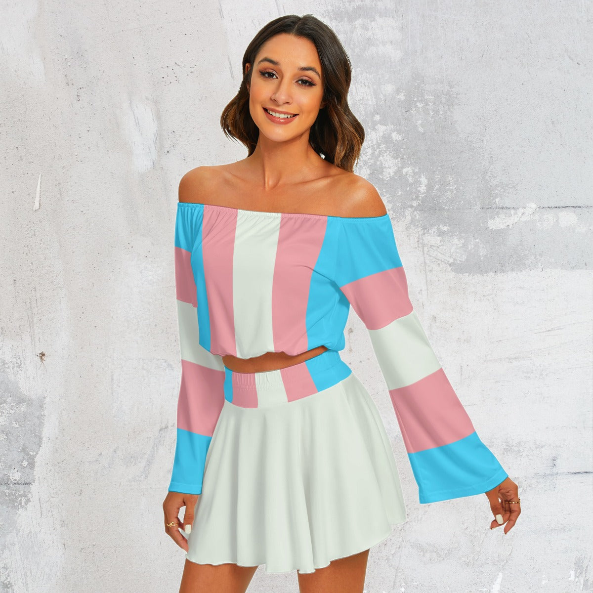 Blue Pink White All Over Pride Off-Shoulder Top & Skater Skirt Set tunnellsCo.
