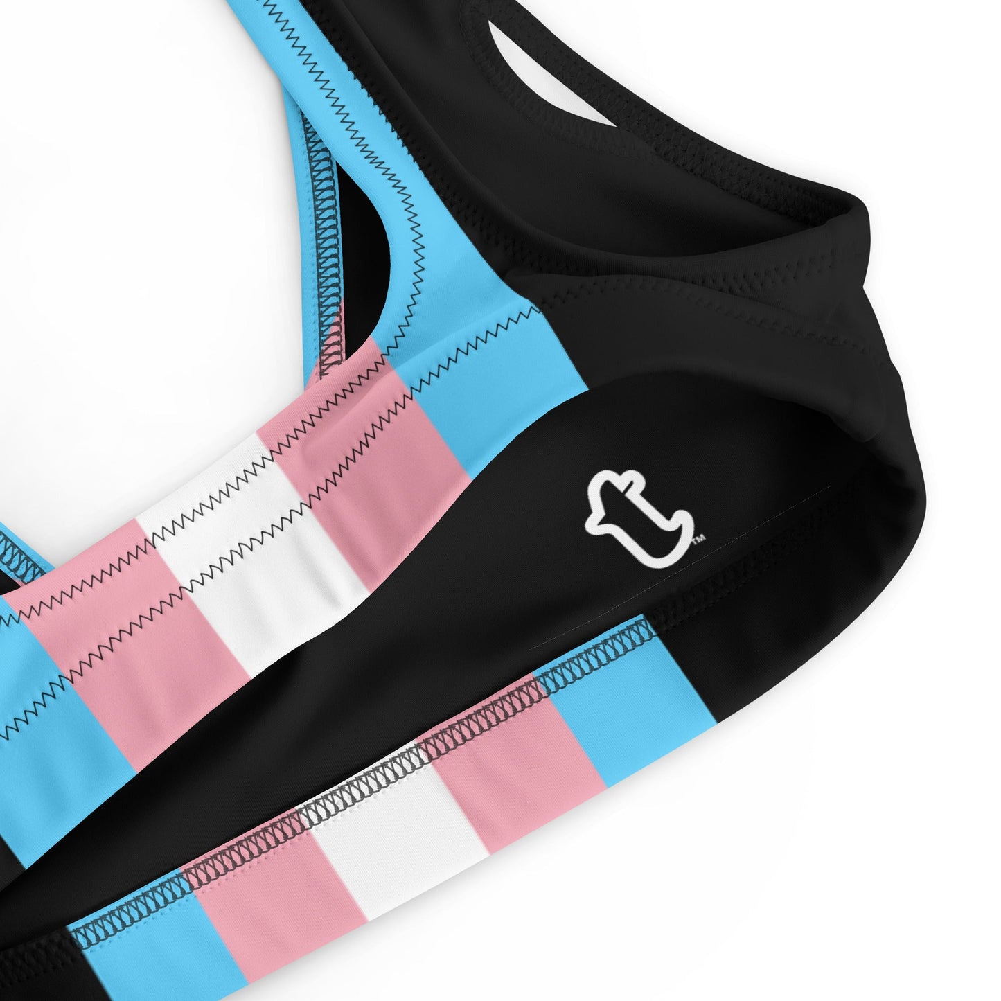 Blue Pink White All Over Pride Trans Black Padded Bikini Top tunnellsCo.