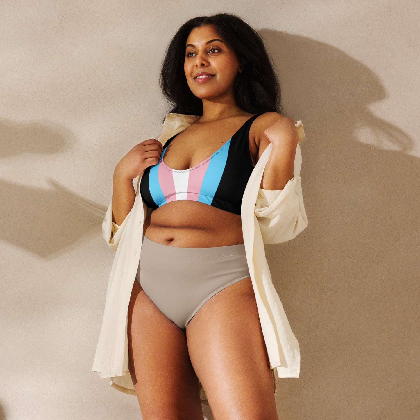 Blue Pink White All Over Pride Trans Black Padded Bikini Top tunnellsCo.