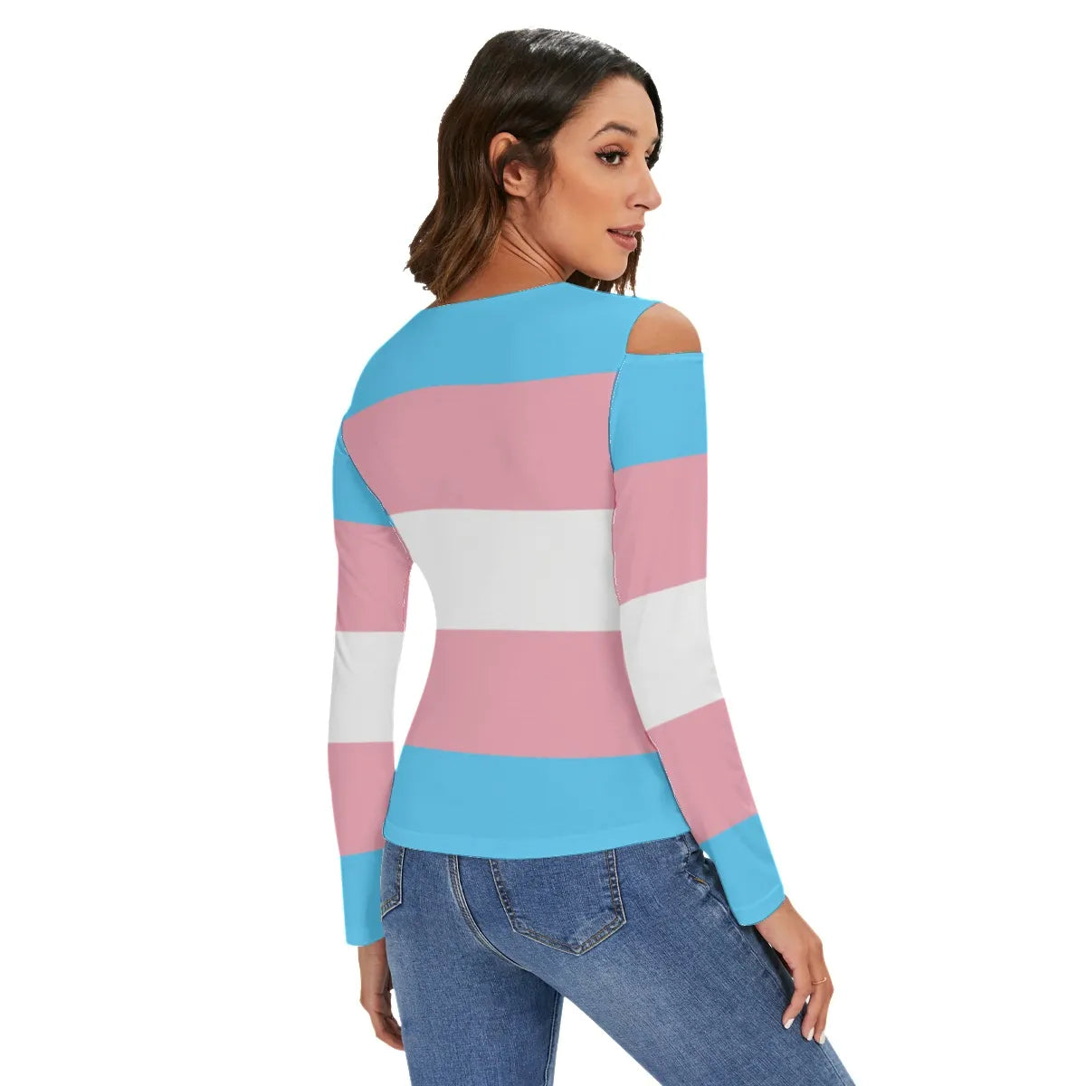 Blue Pink White All-Over Pride V-Neck Cold Shoulder Half-Zip Front Top tunnellsCo.