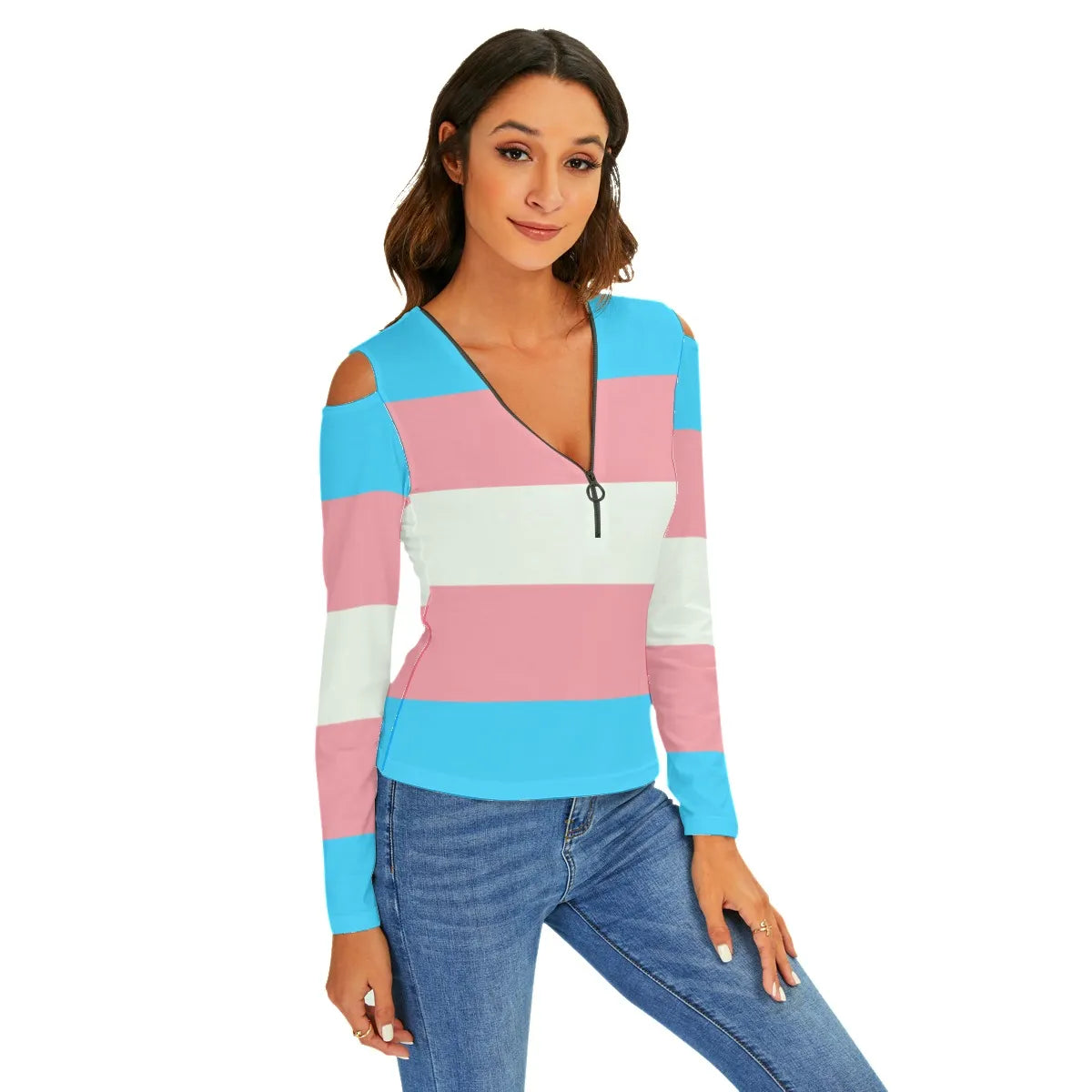 Blue Pink White All-Over Pride V-Neck Cold Shoulder Half-Zip Front Top tunnellsCo.
