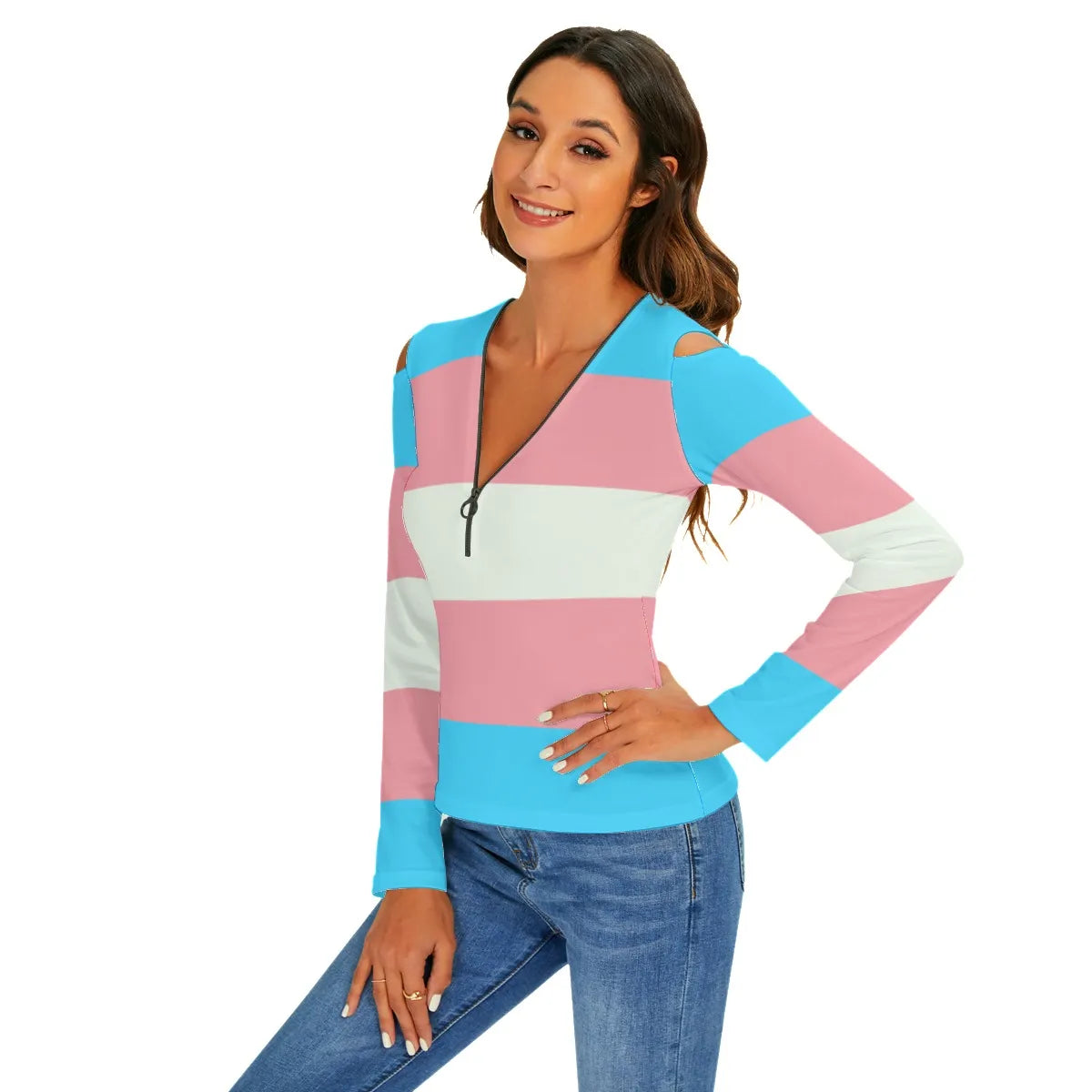 Blue Pink White All-Over Pride V-Neck Cold Shoulder Half-Zip Front Top tunnellsCo.
