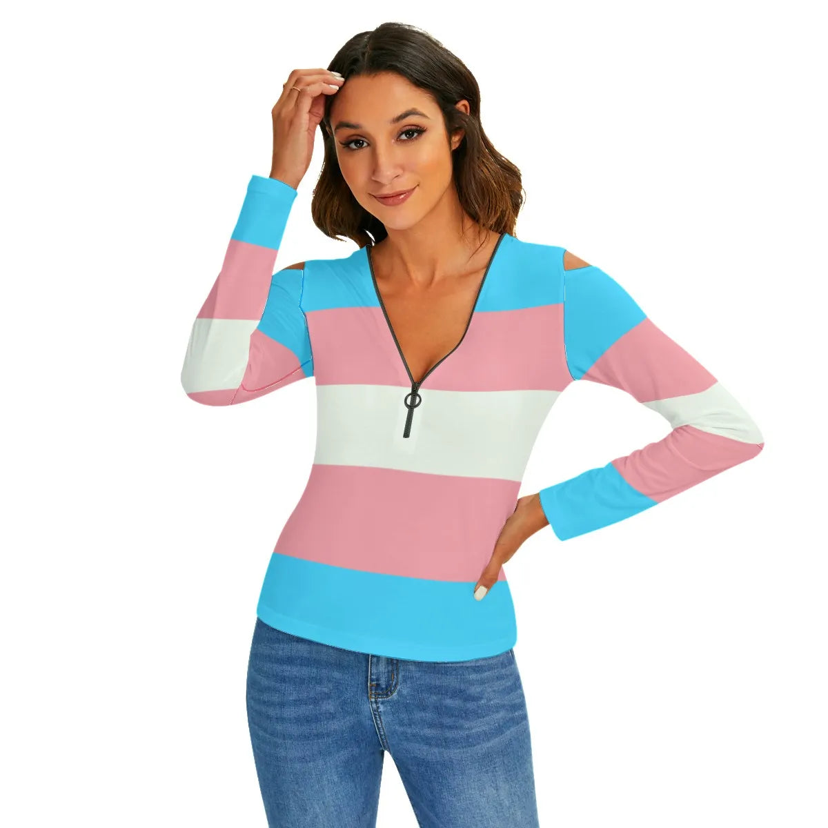 Blue Pink White All-Over Pride V-Neck Cold Shoulder Half-Zip Front Top tunnellsCo.