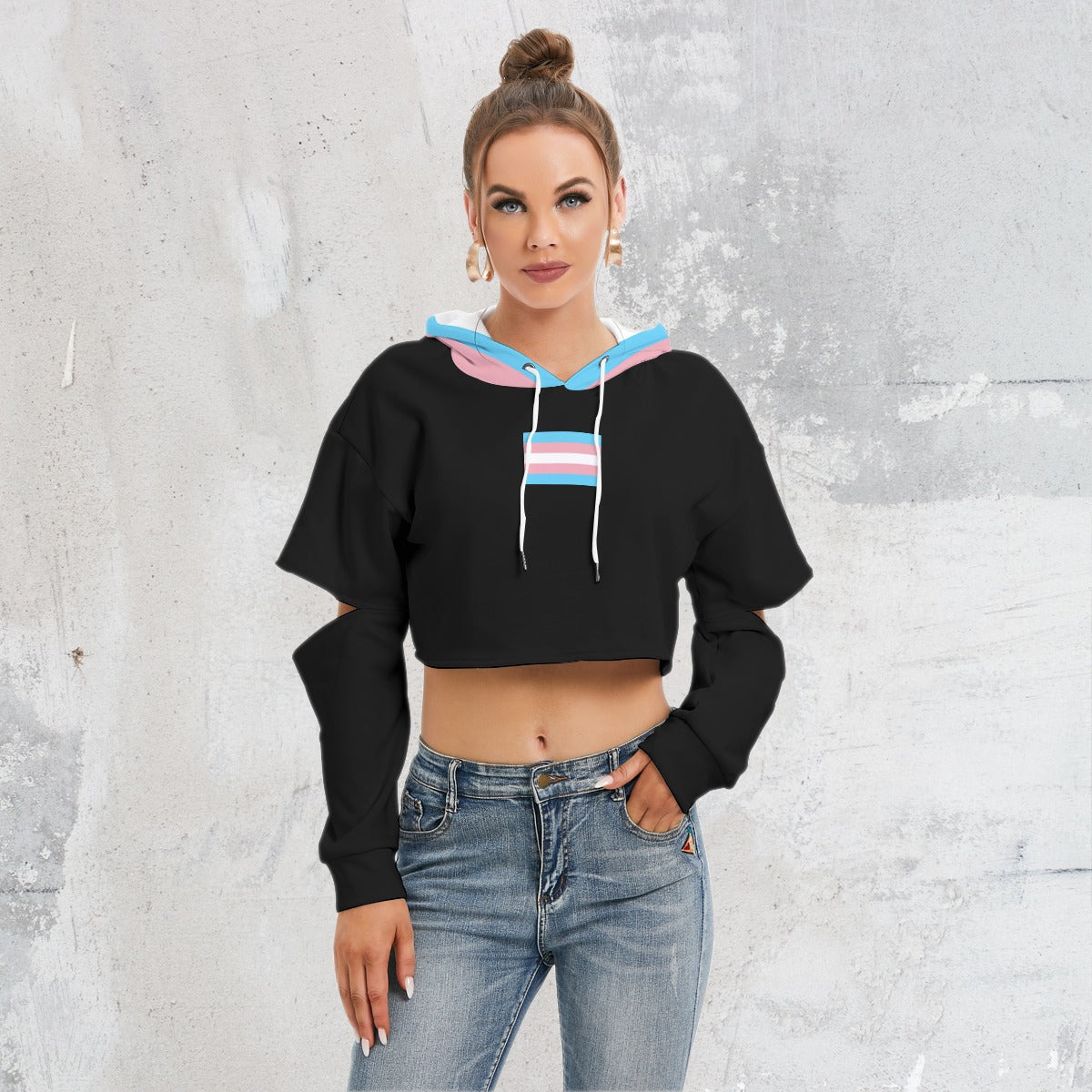 All-Over Print Women's Cropped Hoodie With Hollow Out Sleeve