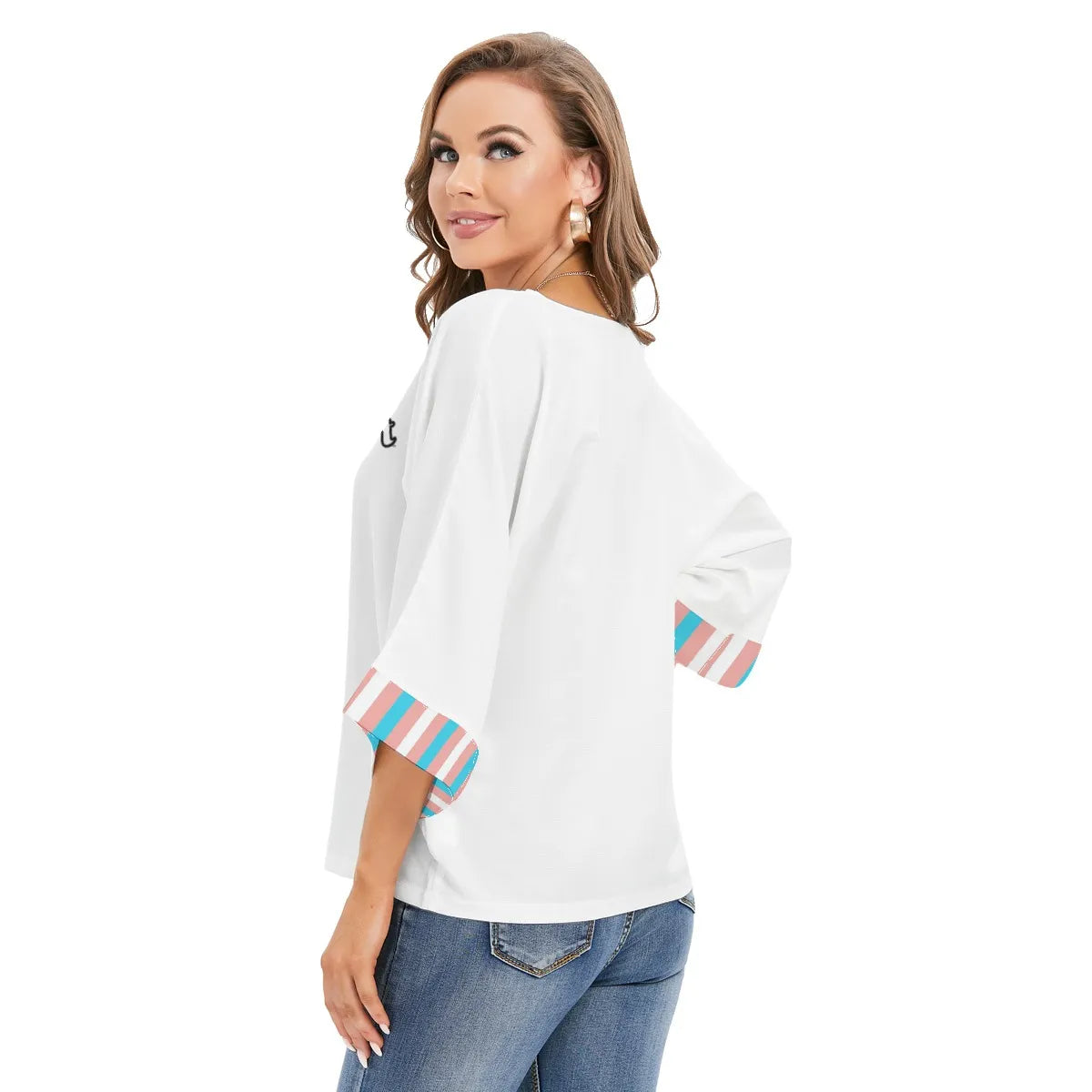 Blue Pink White Pride Candy Striped Turned-Up Cuff Sleeve White Blouse tunnellsCo.