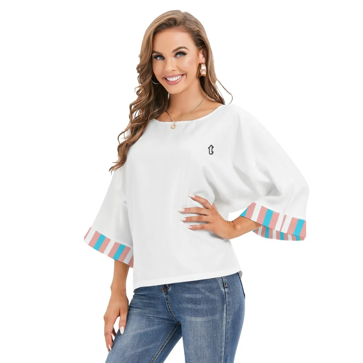 Blue Pink White Pride Candy Striped Turned-Up Cuff Sleeve White Blouse tunnellsCo.