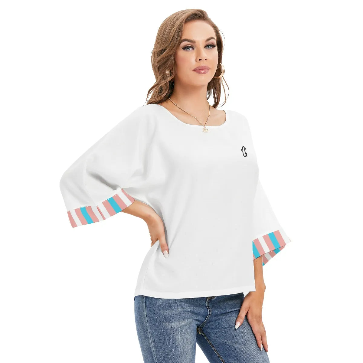 Blue Pink White Pride Candy Striped Turned-Up Cuff Sleeve White Blouse tunnellsCo.