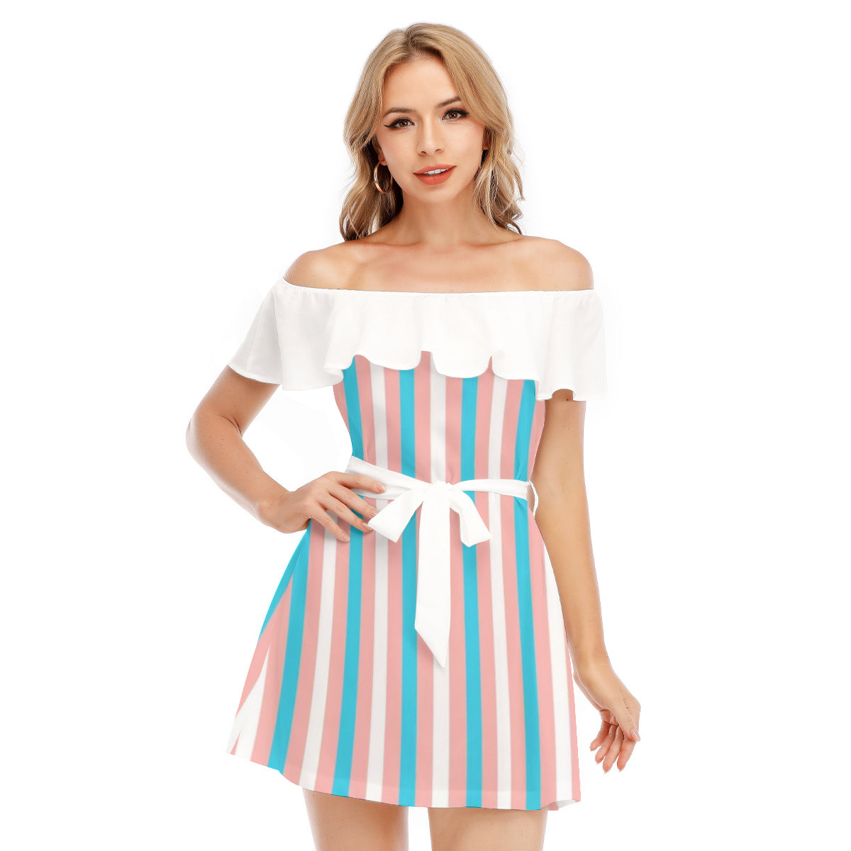Blue Pink White Trans Pride Candy Stripe Chiffon & Lotus Leaf Lace-Ruffled Off-Shoulder Dress tunnellsCo.