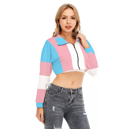 All-Over Print Women's Lapel Collar Cropped Sweatshirt With Long Sleeve