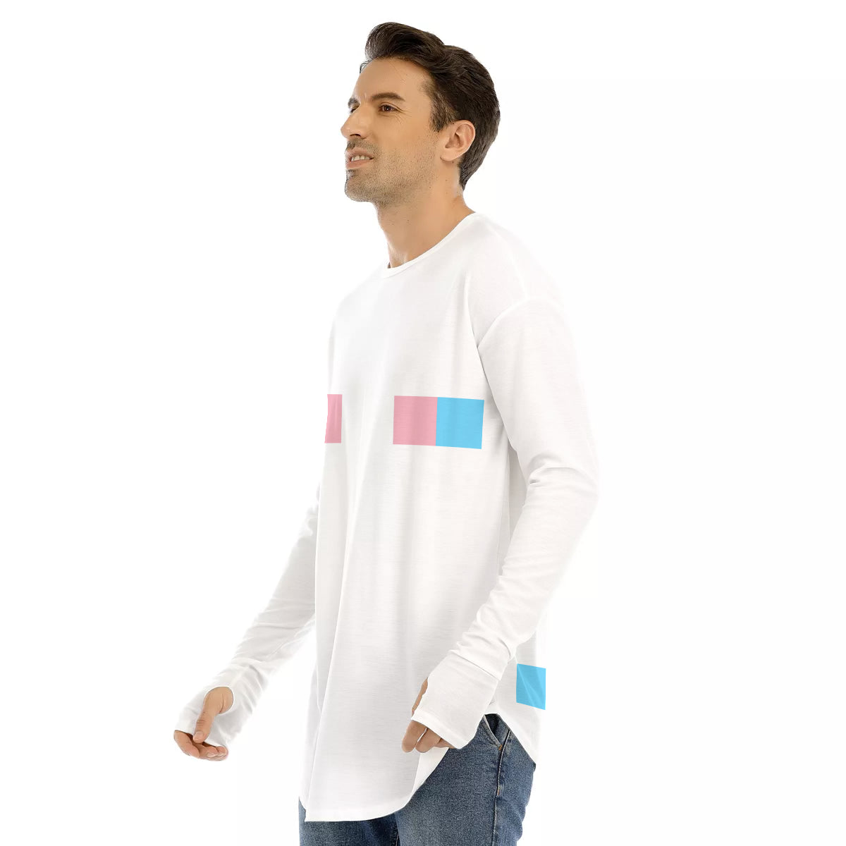 Plus Size Subtle Trans Pride Ribbon Long Fingerless Gloved Sleeve Boyfriend T-Shirt tunnellsCo.