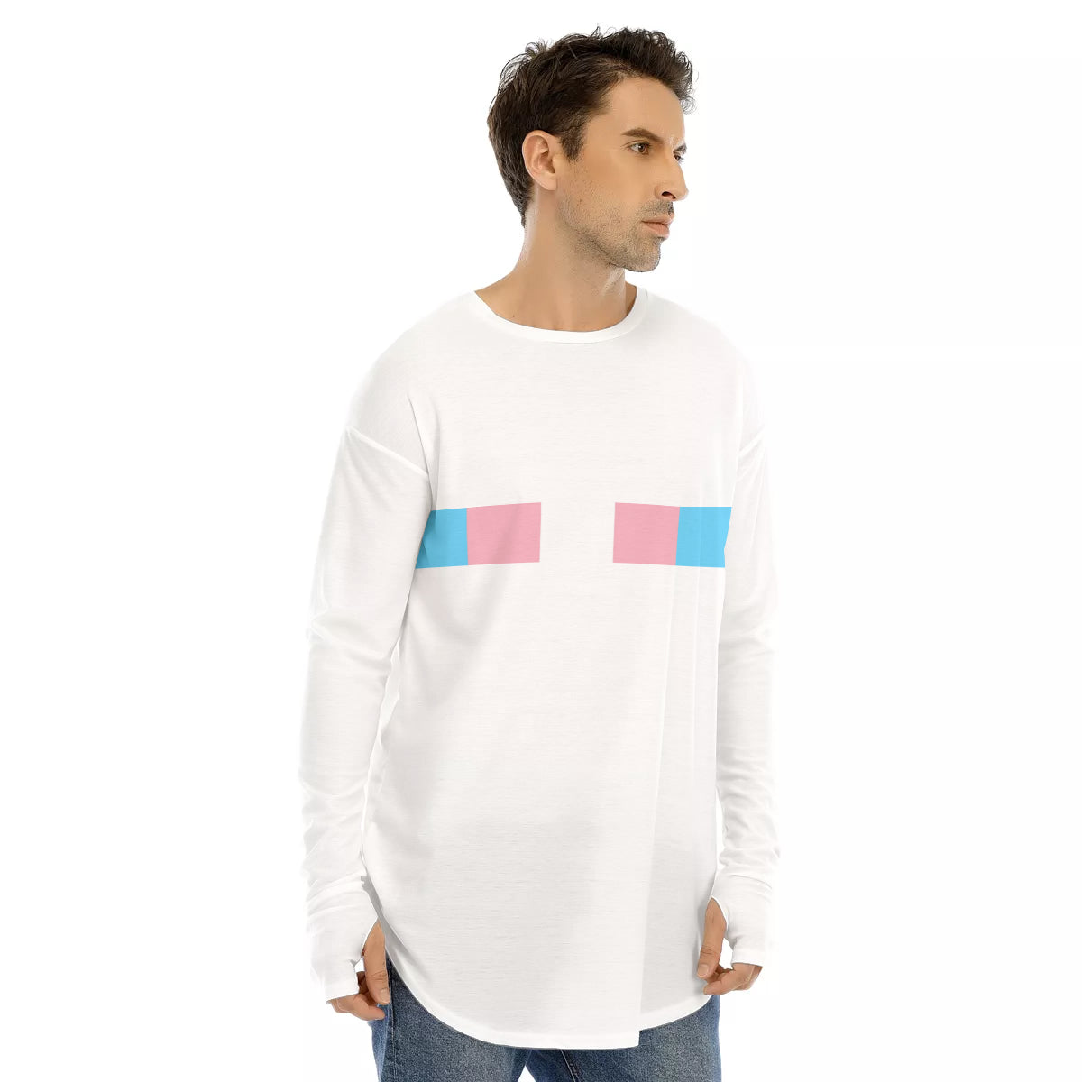 Plus Size Subtle Trans Pride Ribbon Long Fingerless Gloved Sleeve Boyfriend T-Shirt tunnellsCo.