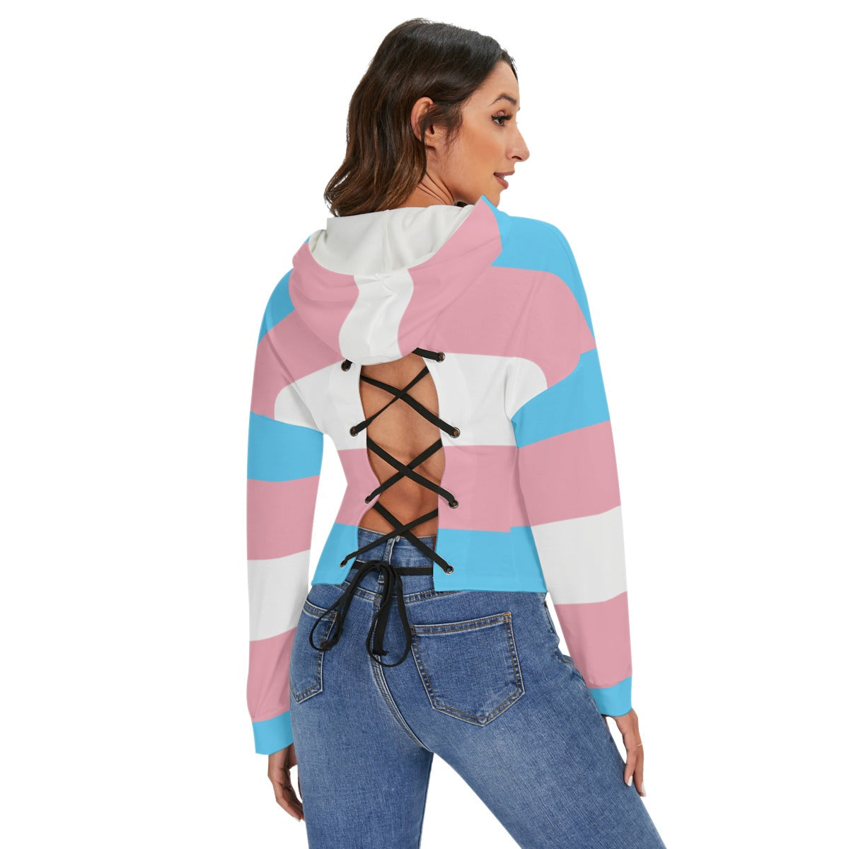 Trans Coloured Trans Pride Drop-Shouldered Cross-Tied Backless Hoodie tunnellsCo.