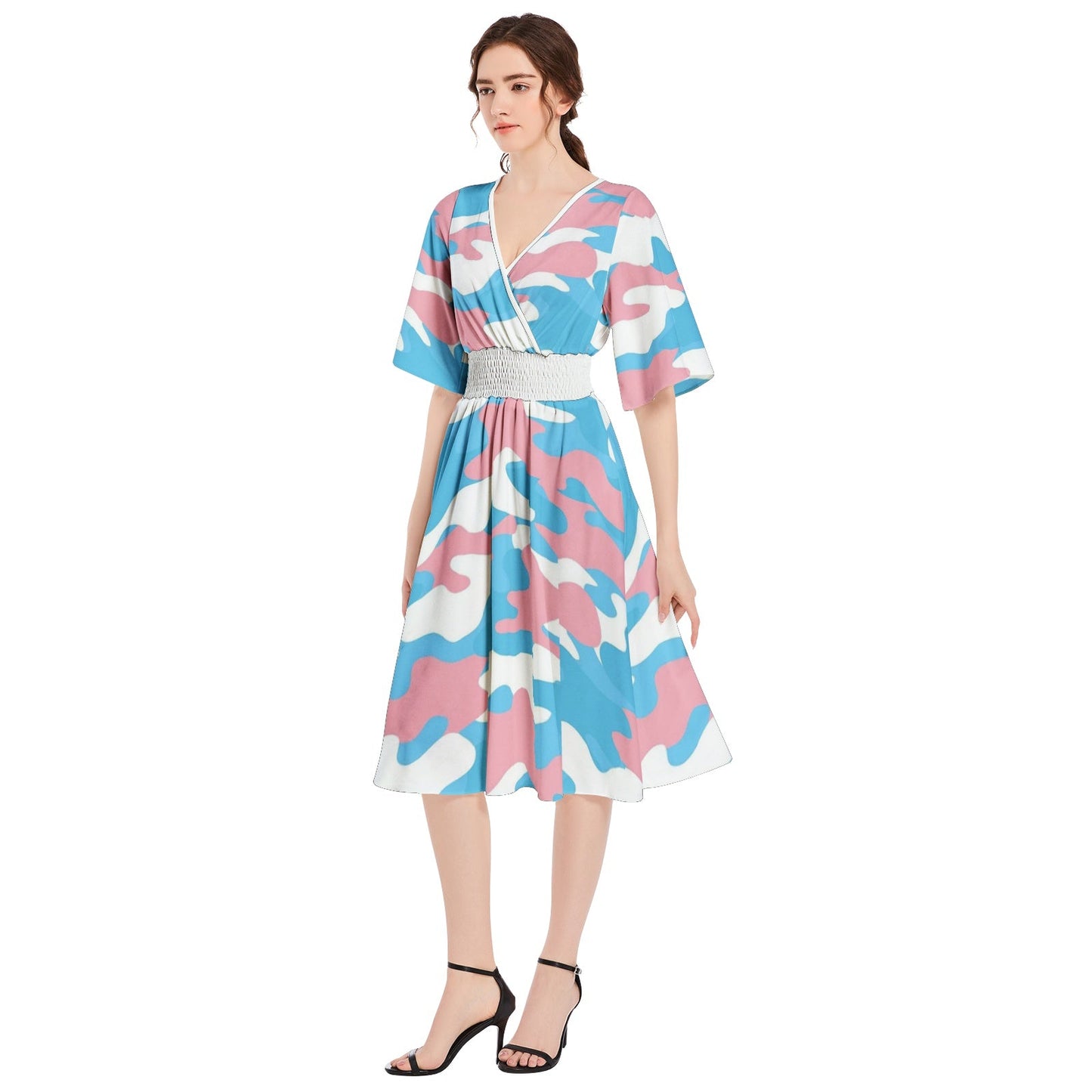 Trans Coloured Trans Pride Camouflage Butterfly Sleeve High-Waist Wrap Dress