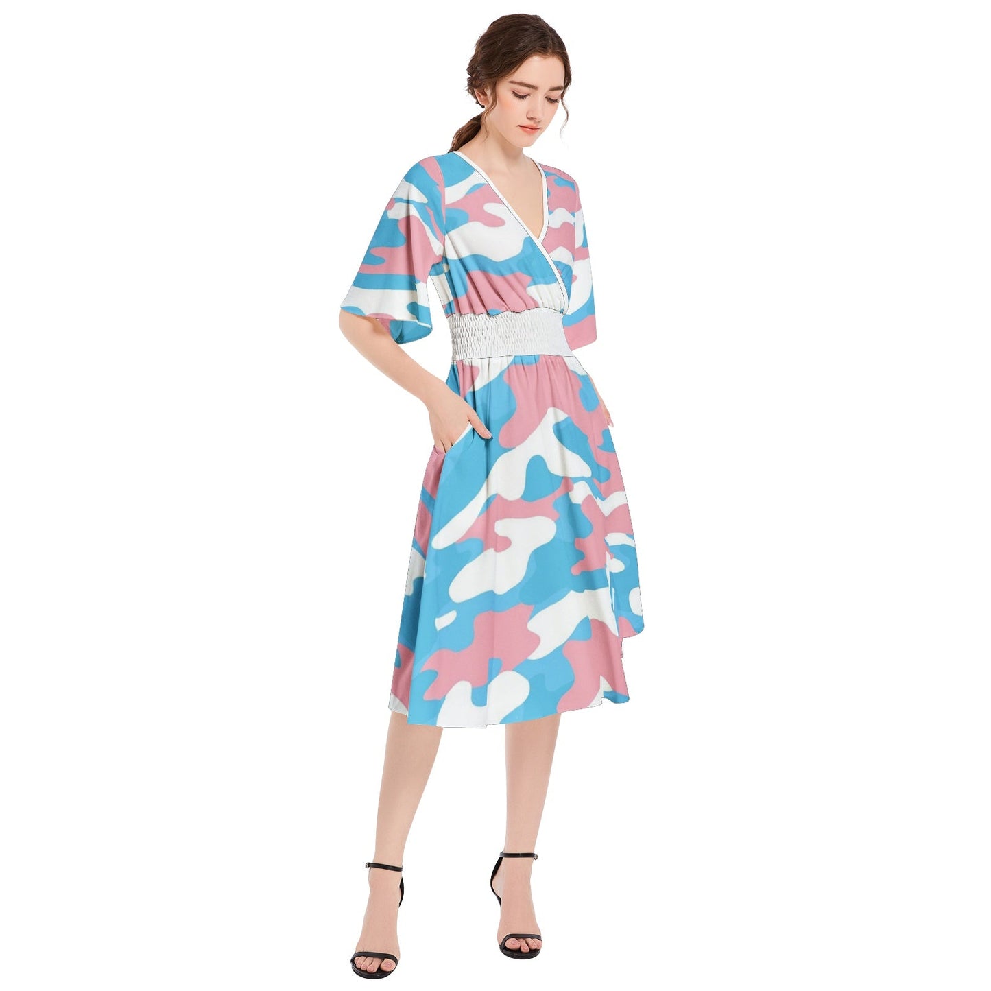 Trans Coloured Trans Pride Camouflage Butterfly Sleeve High-Waist Wrap Dress
