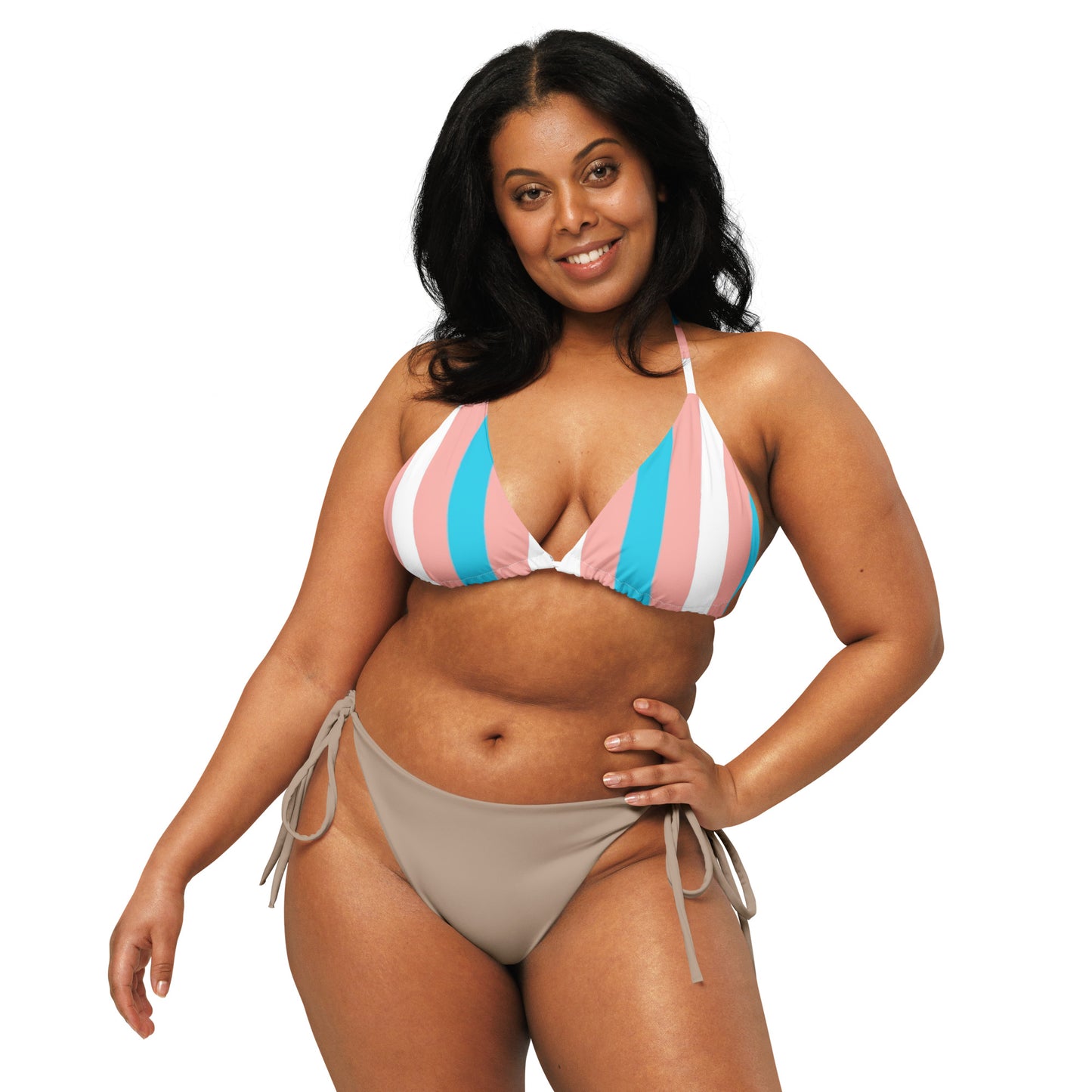 Blue Pink White Pride Candy Striped recycled string bikini top