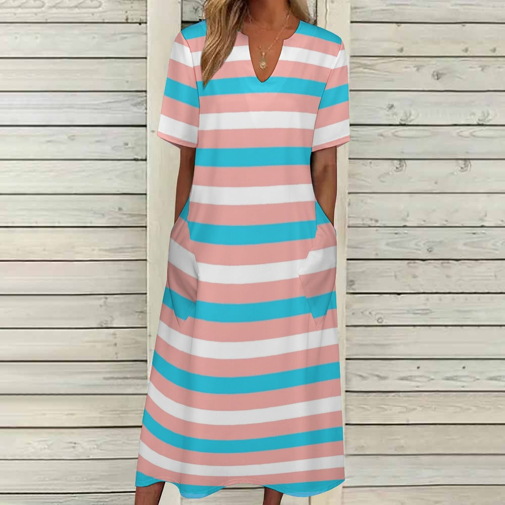 Plus Size Blue Pink White Short-Sleeve Boho Style Dress
