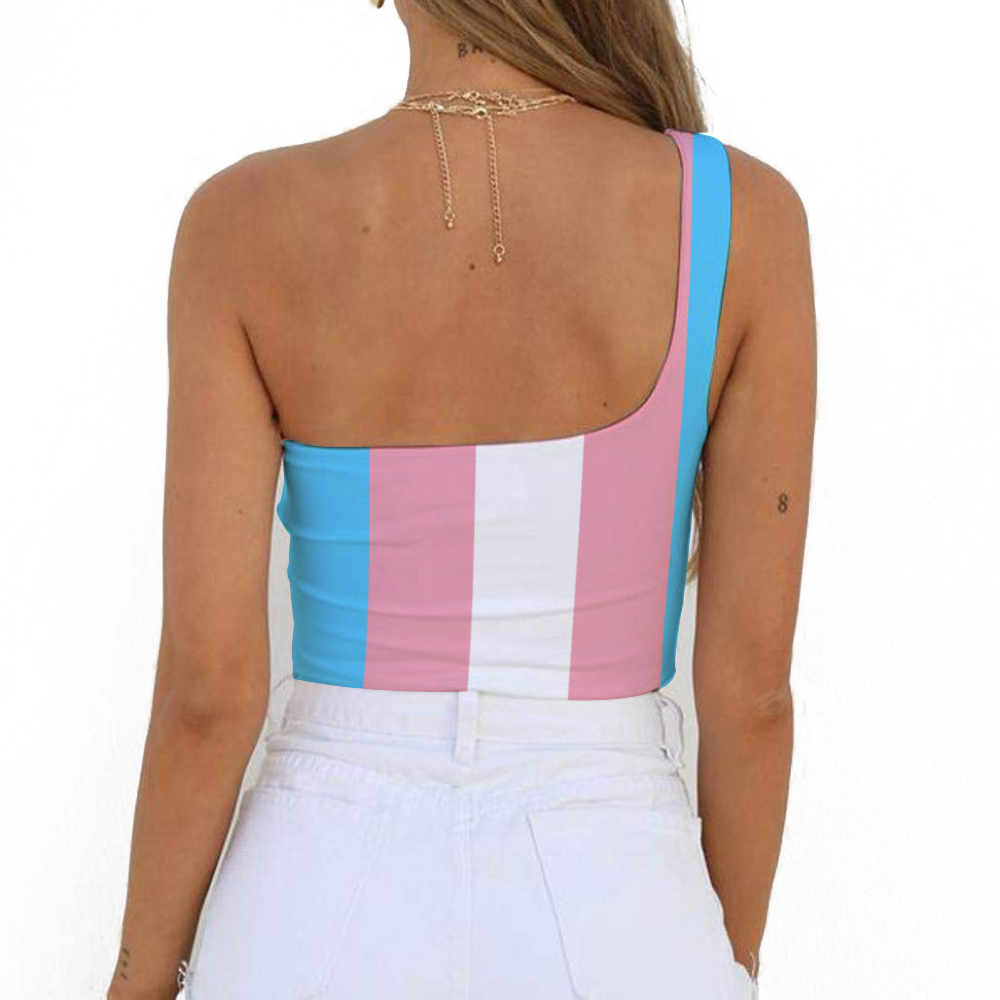 Blue Pink White All-Over Pride One-Shoulder Yoga Fitness Cropped Tank