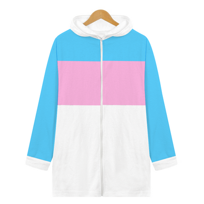 Plus Size Blue Pink White Pride Long Plush Zip-Front Hooded Jacket