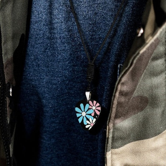Blue Pink White Big Pride Daisies Titanium Steel Guitar Pick Pendant Necklace