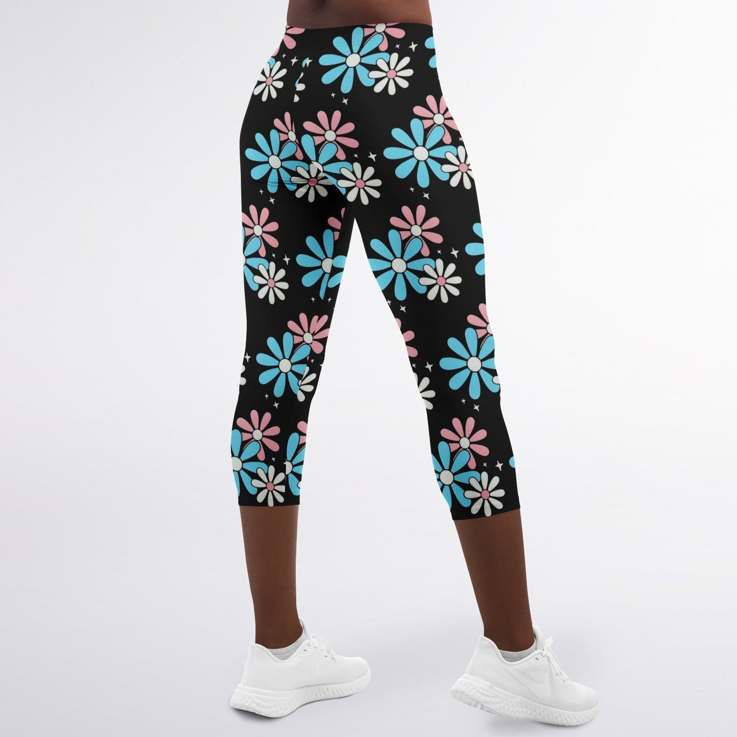Blue Pink White Big Daisies Series Black Pilates Yoga Capri