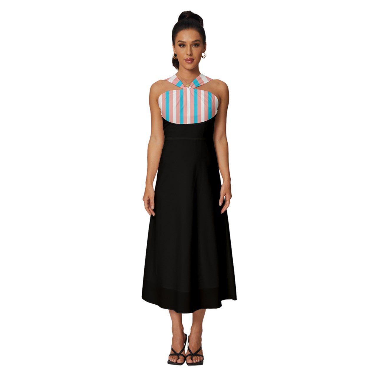 Candystriped Sleeveless Cross Front Cocktail Midi Chiffon Dress