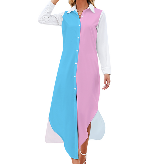 Plus Size Blue Pink White Pride Long-Sleeved Ankle-Length Buttoned Nightshirt Dress