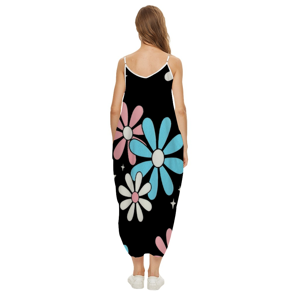 Plus Size Blue Pink White Big Daisies Series Pride Black Loose Sleeveless Beach Dress