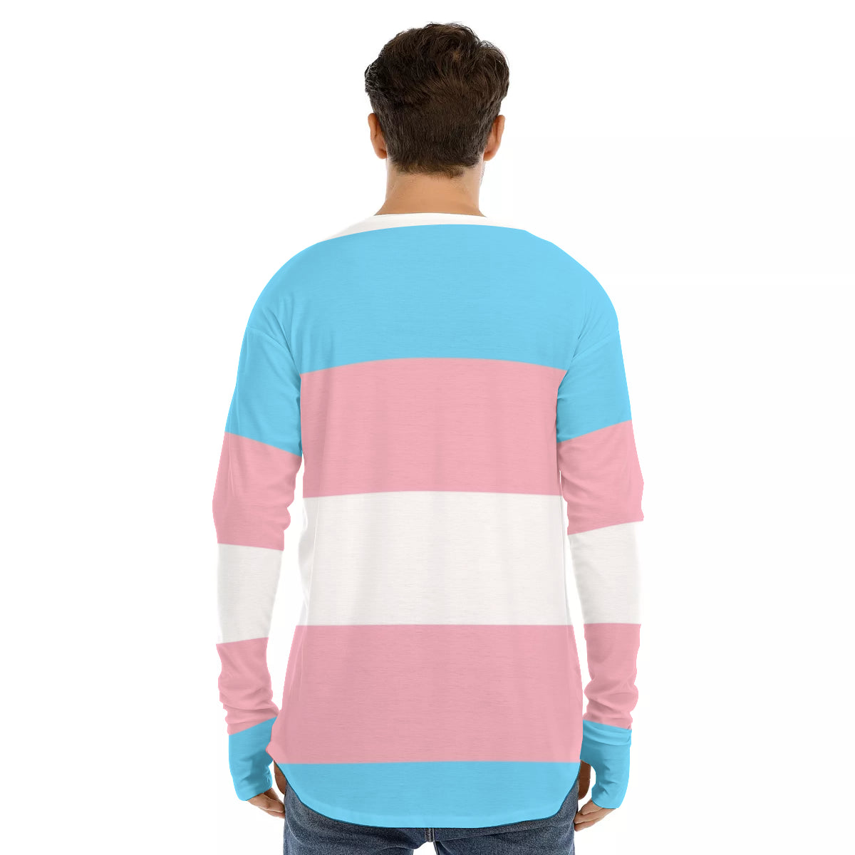 Plus Size Blue Pink White Pride Long Fingerless-Gloved Sleeve Boyfriend T-Shirt