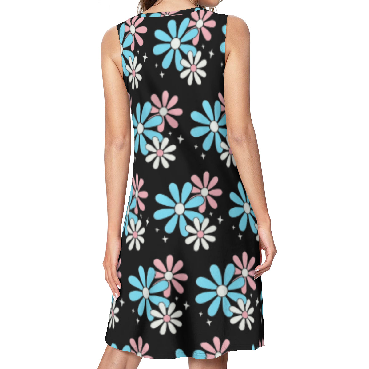 Teen Blue Pink White Big Daisies Series Black Flowy Knee-Length Dress