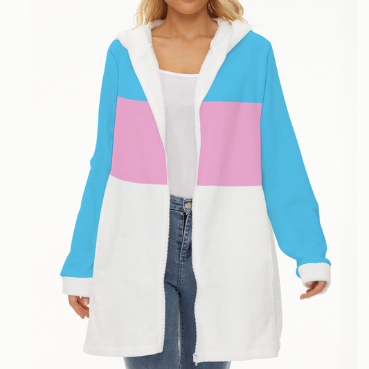 Plus Size Blue Pink White Pride Long Plush Zip-Front Hooded Jacket