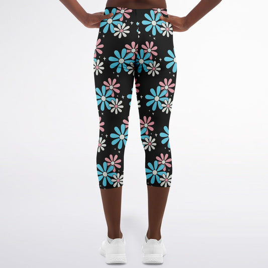 Blue Pink White Big Daisies Series Black Pilates Yoga Capri
