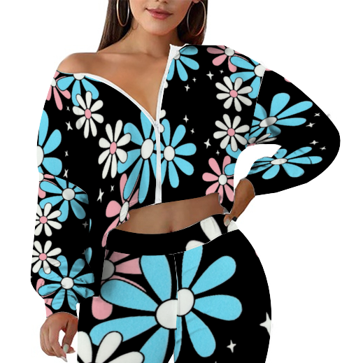 Plus Size Blue Pink White Big Daisies Series Black Long-Sleeve Zip-Top and Jogger Set