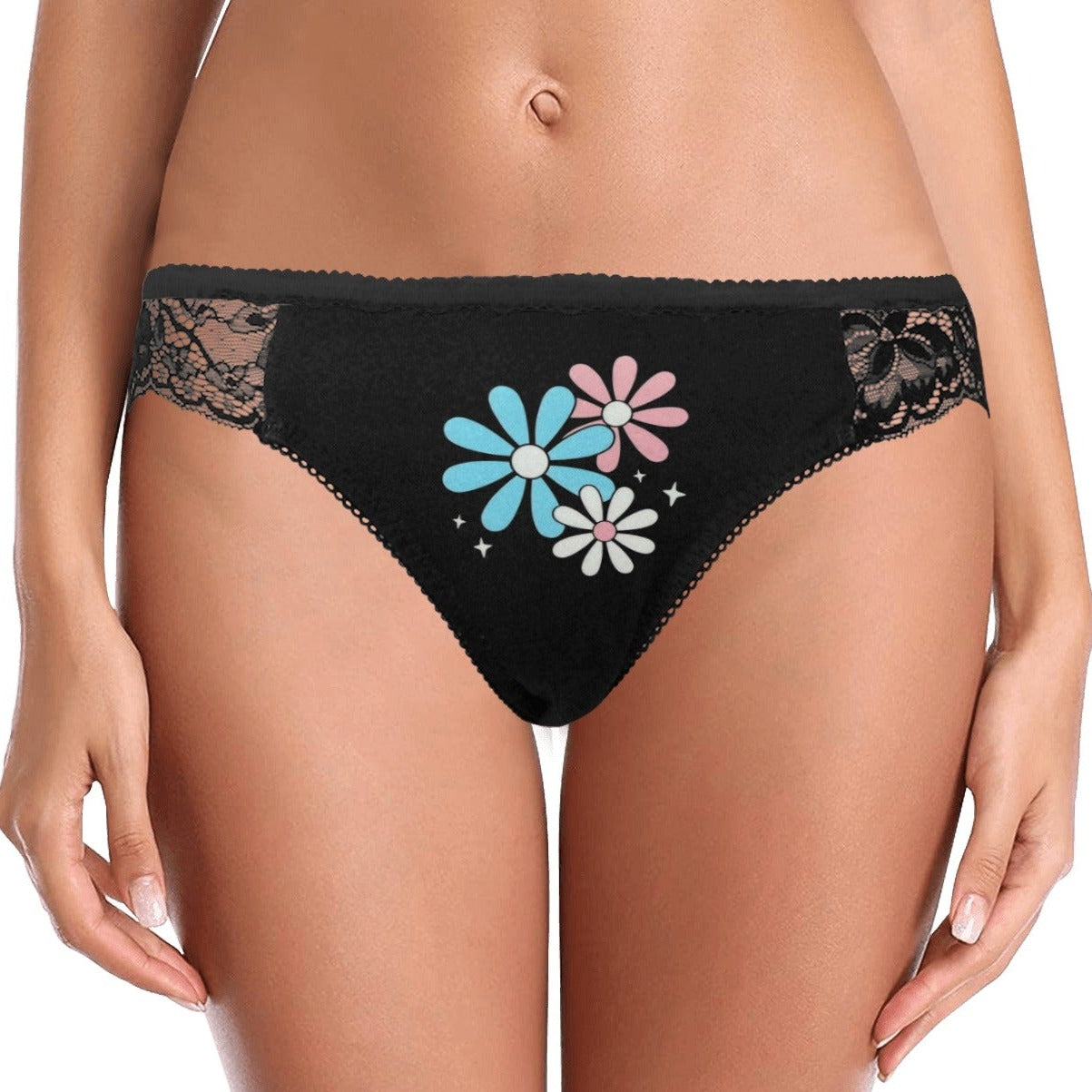 Teen - Plus Size Blue Pink White Big Daisies Black Lace Panties