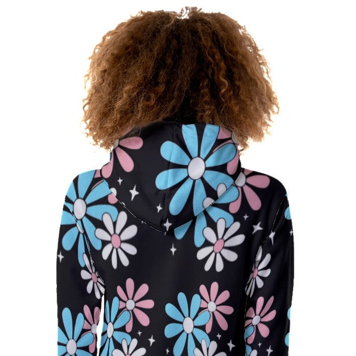 Blue Pink White Pride Big Daisies Black Fleece Long Hoodie