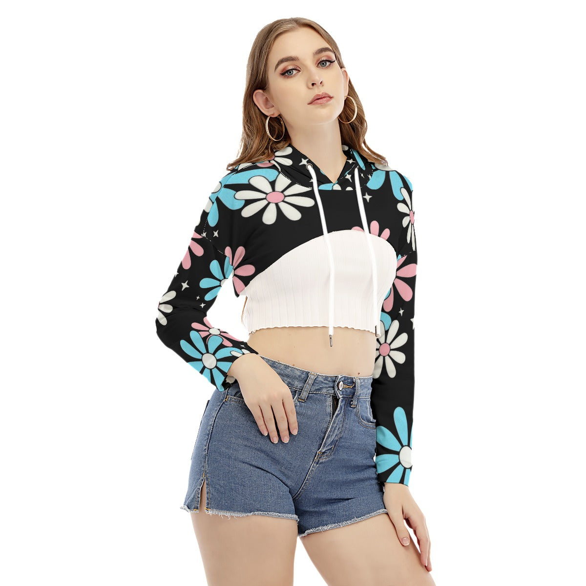 Teen Blue Pink White Big Daisies Pride Series Black Cropped Hooded Smock Top