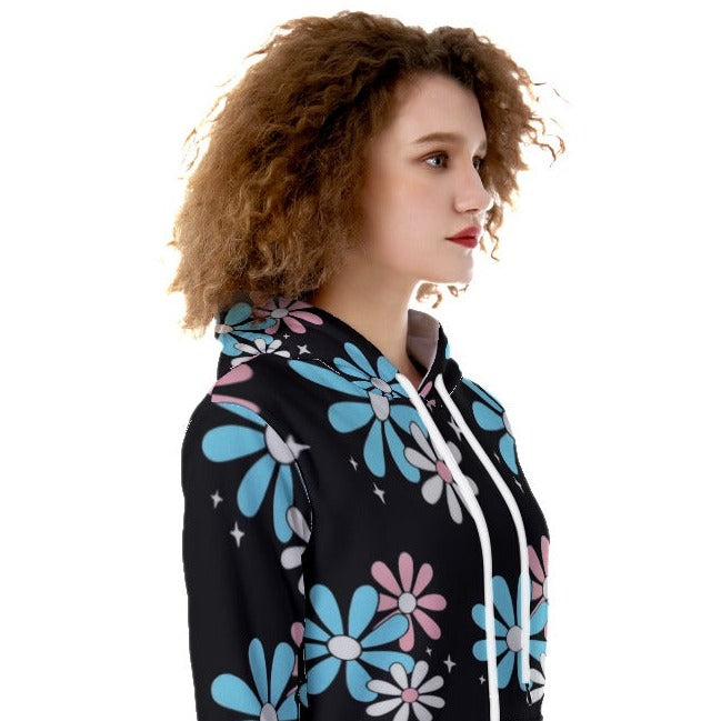 Blue Pink White Pride Big Daisies Black Fleece Long Hoodie