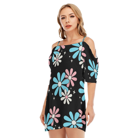 Blue Pink White Big Daisies Pride Series Black Off-Shoulder Cami Dress