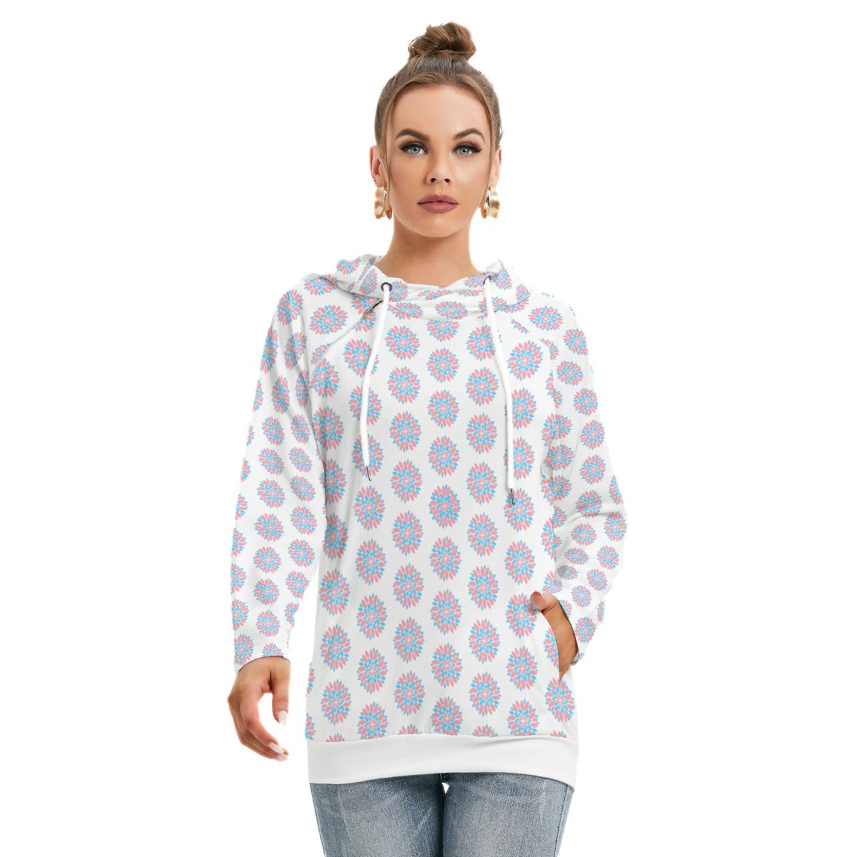 Plus Size Blue Pink White Trans Pride Chrysanthemum Double Hooded Hoodie