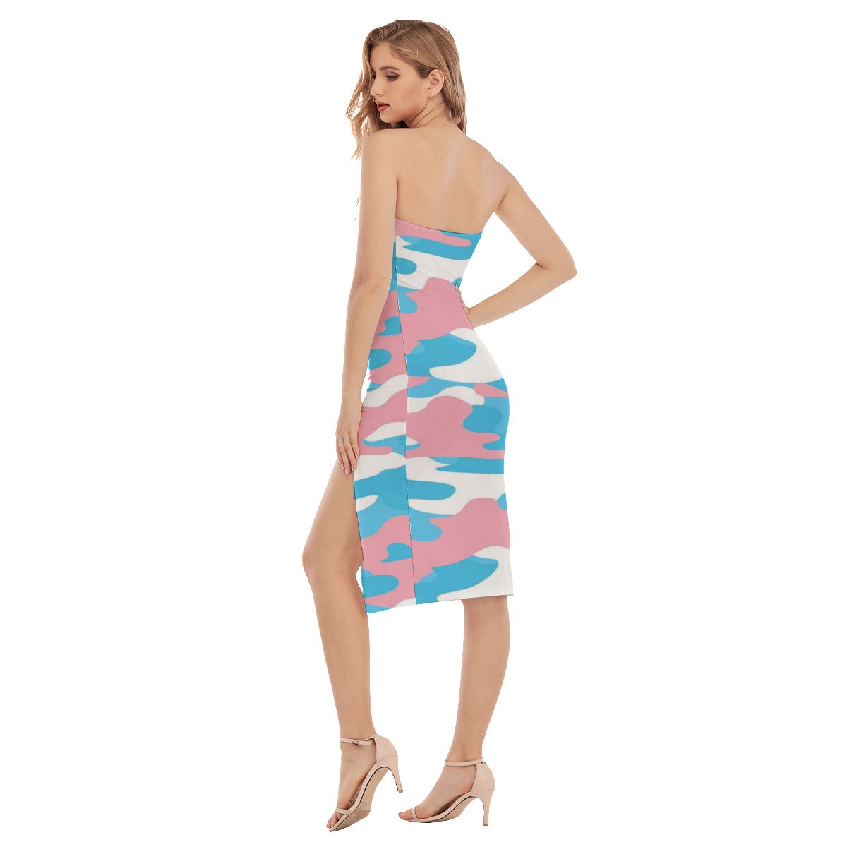 Blue Pink White Pride Camouflage Sexy Body Hugging Side-Split Tube Top Dress