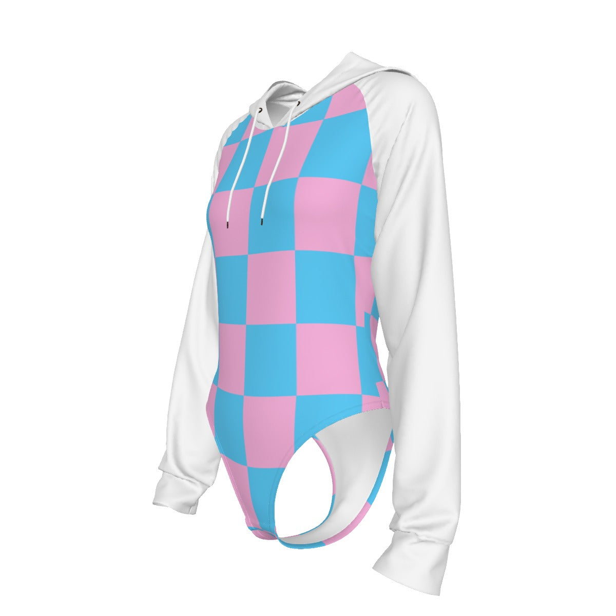Teen Blue Pink White Pride Circus Check Raglan-Sleeve Hooded Bodysuit